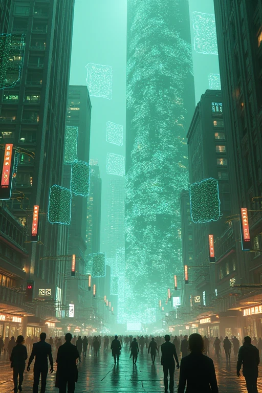 Futuristic cityscape with giant NVIDIA GPU chips as buildings. Holographic AI-generated images float in the sky. Game characters and real people coexist on the streets. Cyberpunk style with neon greens and blues.