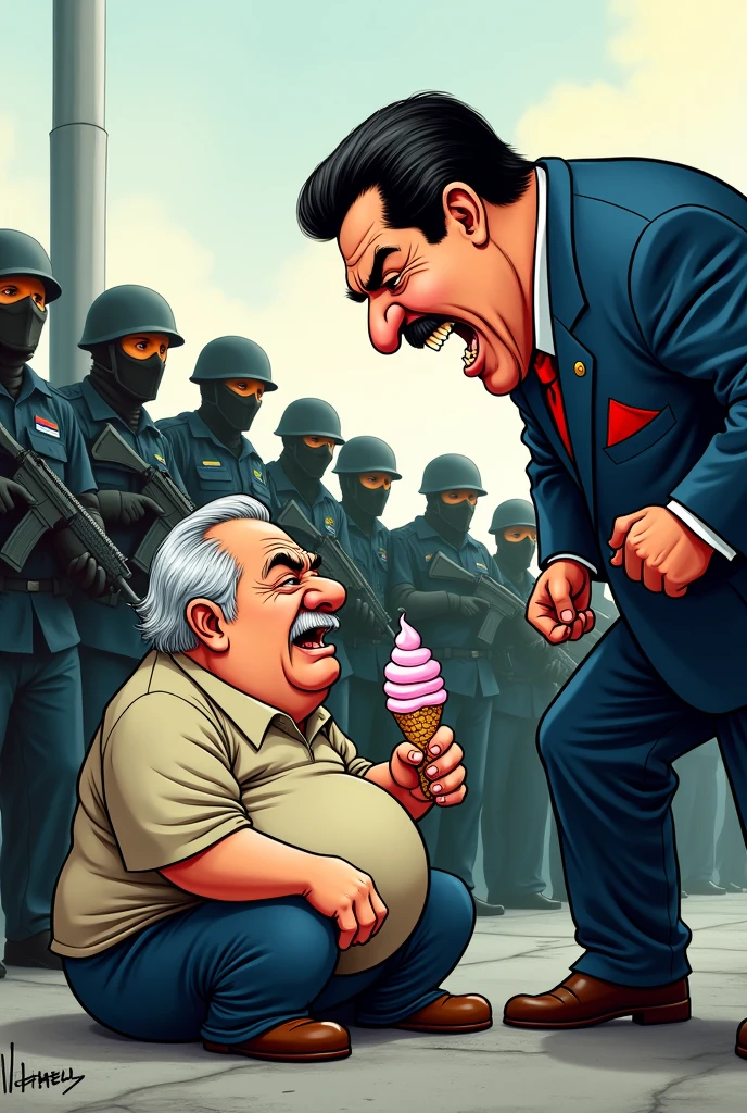 Cartoon of Nicolás Maduro with all his armed thugs behind him yelling at an old, chubby man with gray hair and the old man is sitting eating a cone