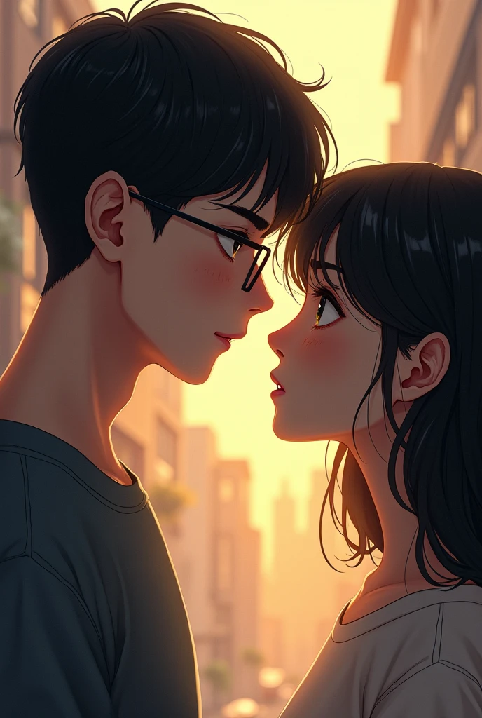 A 5'4" men with , wearing glasses,love his neighbour of same height who stand infront of him and looking her eyes but didn't say anything because of hesitation.