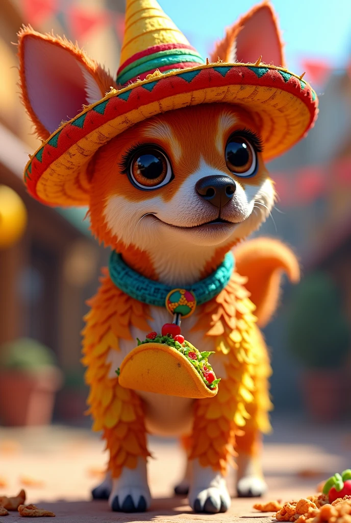 Piñata of a chihuahua dog wearing a Mexican hat and with a taco in its trunk