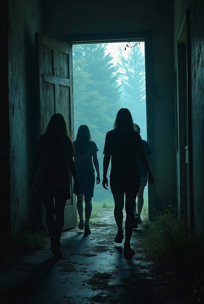 The camera follows the group as they approach the house. The door creaks loudly as they push it open. Inside, it’s dark and musty, with cobwebs hanging from the corners.]