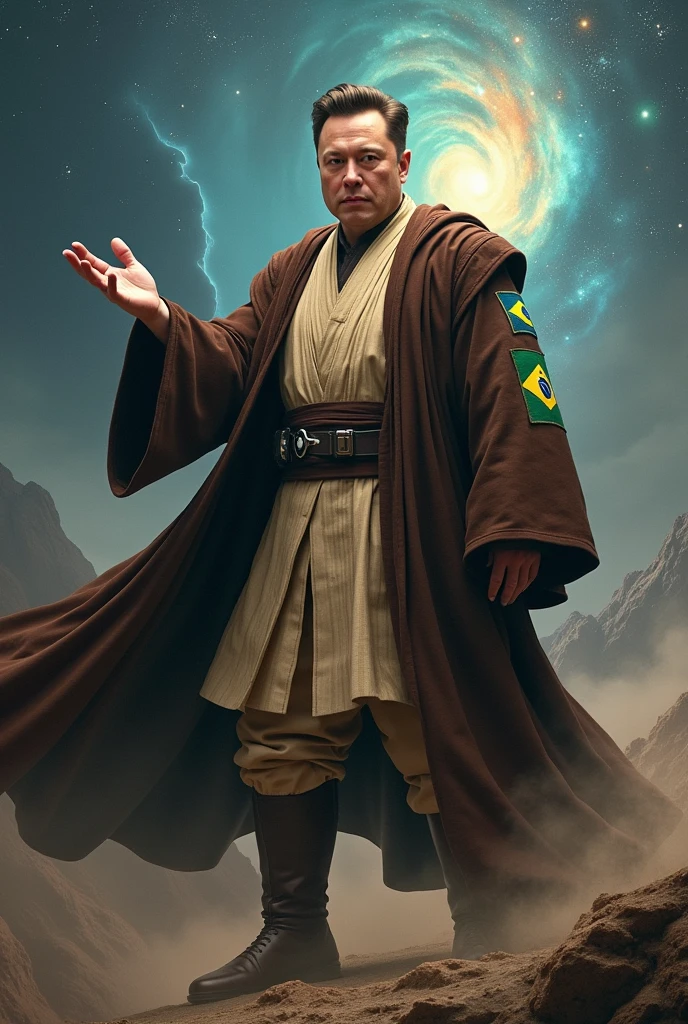 Image of Elon Musk wearing a Star Wars obi outfit with a Brazilian patch pushing Voldemort from Harry Potter away in a battle