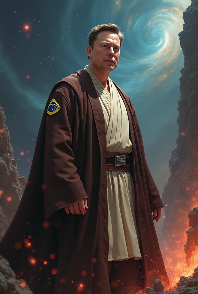 Image of Elon Musk wearing a Star Wars obi outfit with a Brazilian patch pushing Voldemort from Harry Potter away in a battle