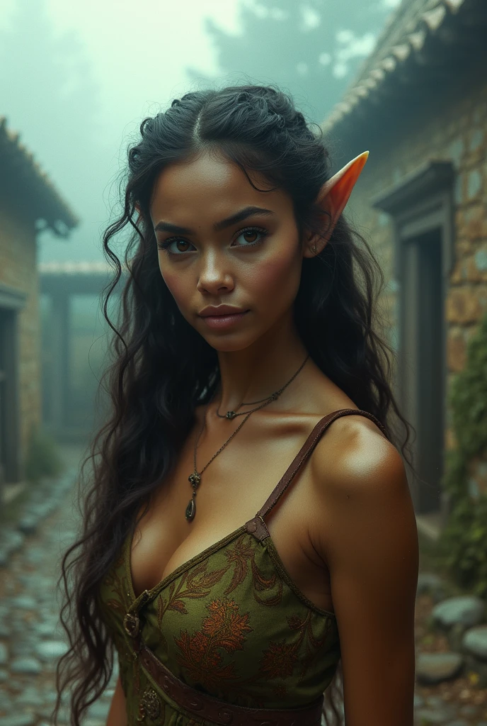 Vintage photo of an elven maiden, 18-years-old, amazonian stature, voluptuous hourglass figure, almond complexion, pointy elf ears, amber eyes, dark hair, long kinky curls, elven ears, resmbles Zendaya, wearing a corset and a petticoat, posing on in a foggy medieval hamlet, analog film photo, RAW Photograph, dslr, soft lighting, high quality, film grain, Fujifilm XT3, detailed skin with visible pores, insane details, masterpiece, 8k, 35mm photograph, dslr, kodachrome, faded film, desaturated, grainy, vintage, Lomography, stained, highly detailed, found footage