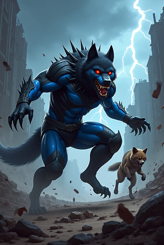 The image shows a scene from a video game. It shows two characters, a wolf and a hyena, engaged in a fierce battle. The wolf is on the left side of the image, with its mouth open wide and its claws outstretched, ready to strike. It is wearing a blue and black suit with spikes on its head and tail, and its eyes are glowing red. The hyena is running away from the wolf, with a determined expression on its face. The background shows a cityscape with buildings and debris scattered around. The sky is dark and cloudy, and there is a lightning bolt in the air, suggesting that the battle is taking place at night.