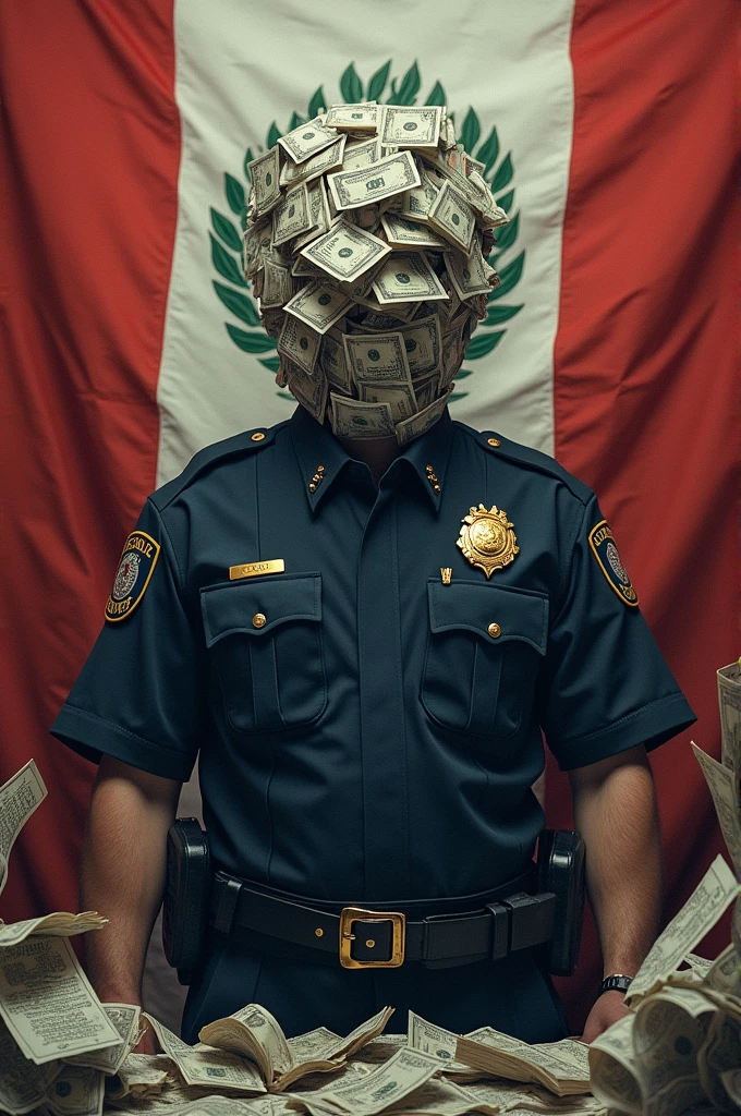 Design a symbolic image that represents police corruption in Peru, using a police figure with a face hidden behind a money mask. Let it bear the insignia of the Peruvian flag , includes elements that reflect injustice, like crumpled papers and symbols of public denunciation
