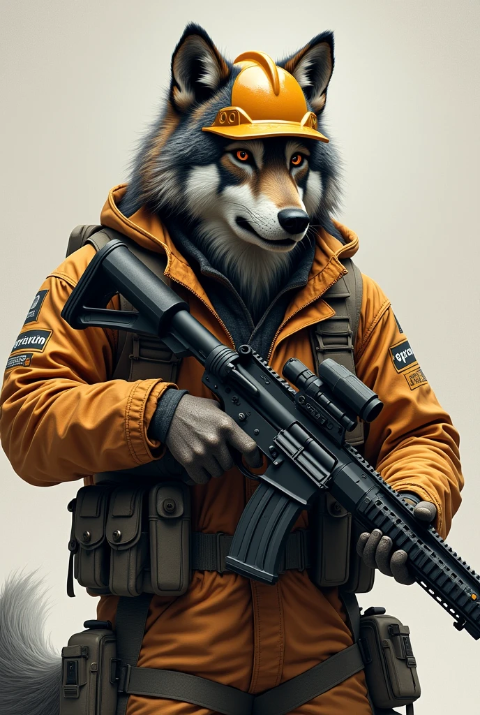Realistic wolf in safety clothing with the word Spartan written on it With a rifle in his hand