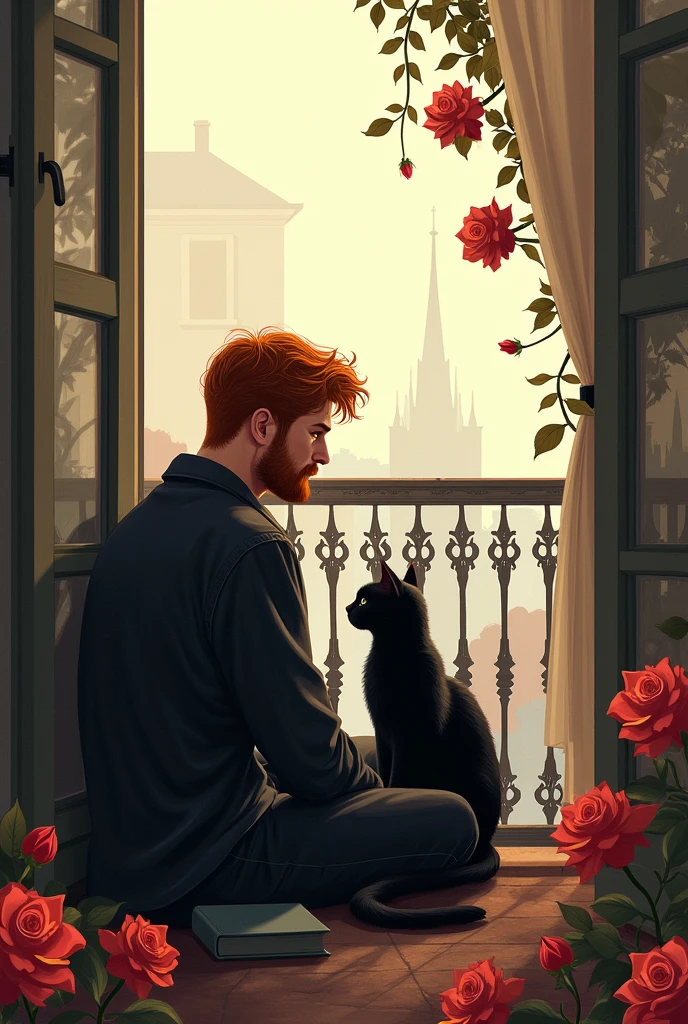 Man alone with a cat on a balcony, man with a light beard and red hair, cat black, a few roses, art in 2d, Book cover
