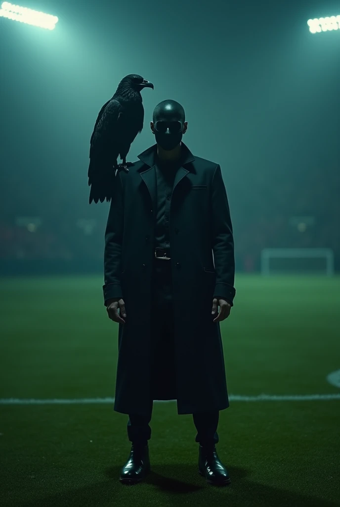 A cinematic shot of a European man dressed as V for Vendetta standing on a dark green soccer field. He has dark ambient lighting around him.

He is wearing a black mask and a dark leather outfit. On his shoulder is a large black eagle. The background is dimly lit.