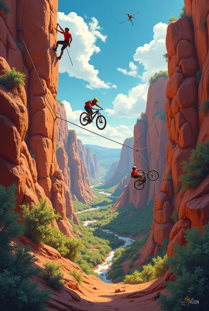 A collage that includes a rock climber, an athlete practicing slackline, Another mountain biker in the middle of the mountains of the Chicamocha canyon and with symbols of the Guane indigenous people