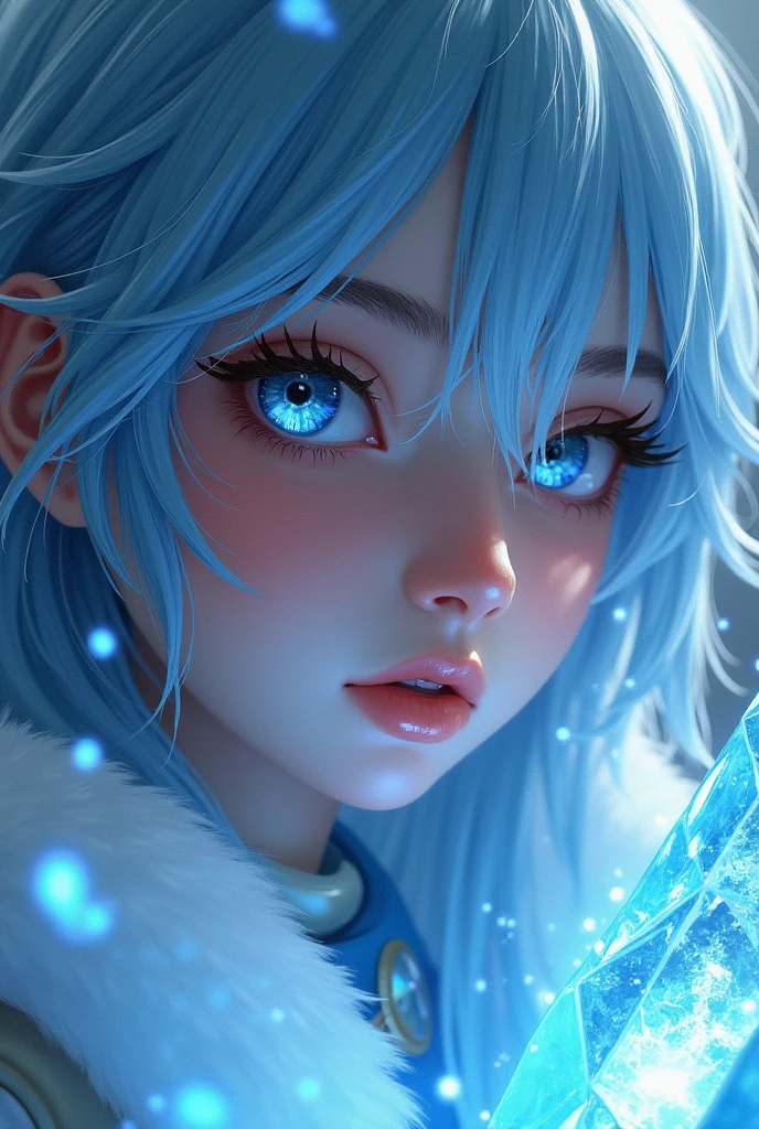 Fantasy portrait of a young female human ice mage with light blue hair adorned in light armor, her extremely long eyelashes highlighted by the mystical glint of ice crystals, digital painting, highly detailed, dramatic lighting