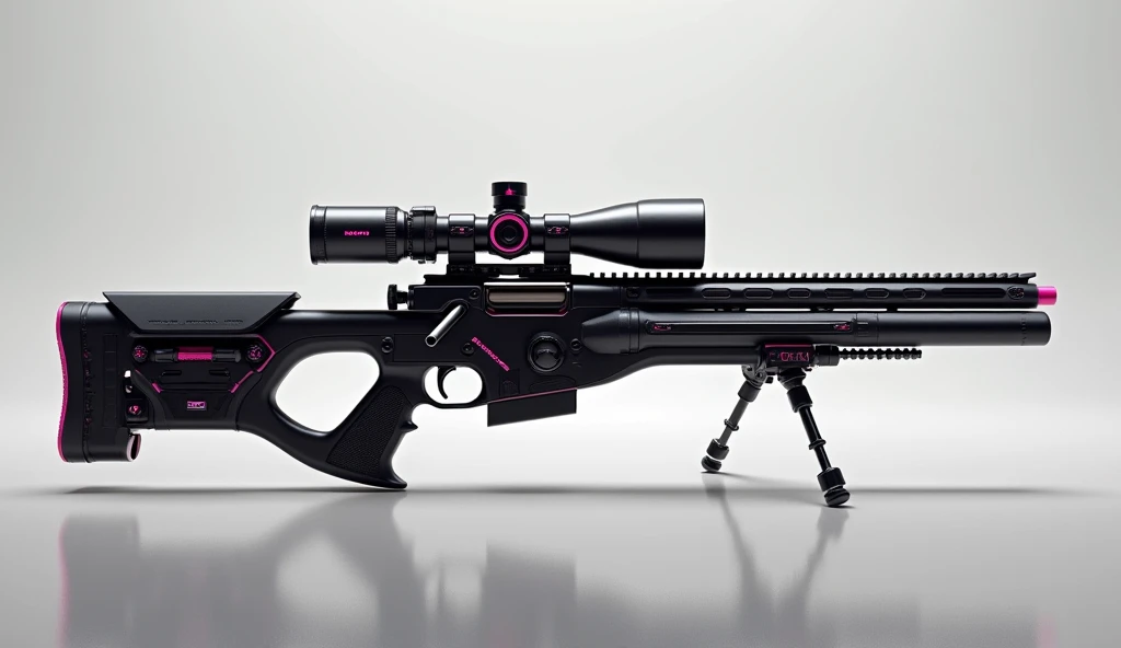 A sleek, high-caliber sniper rifle equipped with advanced optics and a stabilizing system that integrates with Elara's telekinetic abilities, allowing for precise, controlled shots. Matte black with pink accents. 3D Rendering, Super Detailed, Textured Skin, High Resolution, High Quality,
