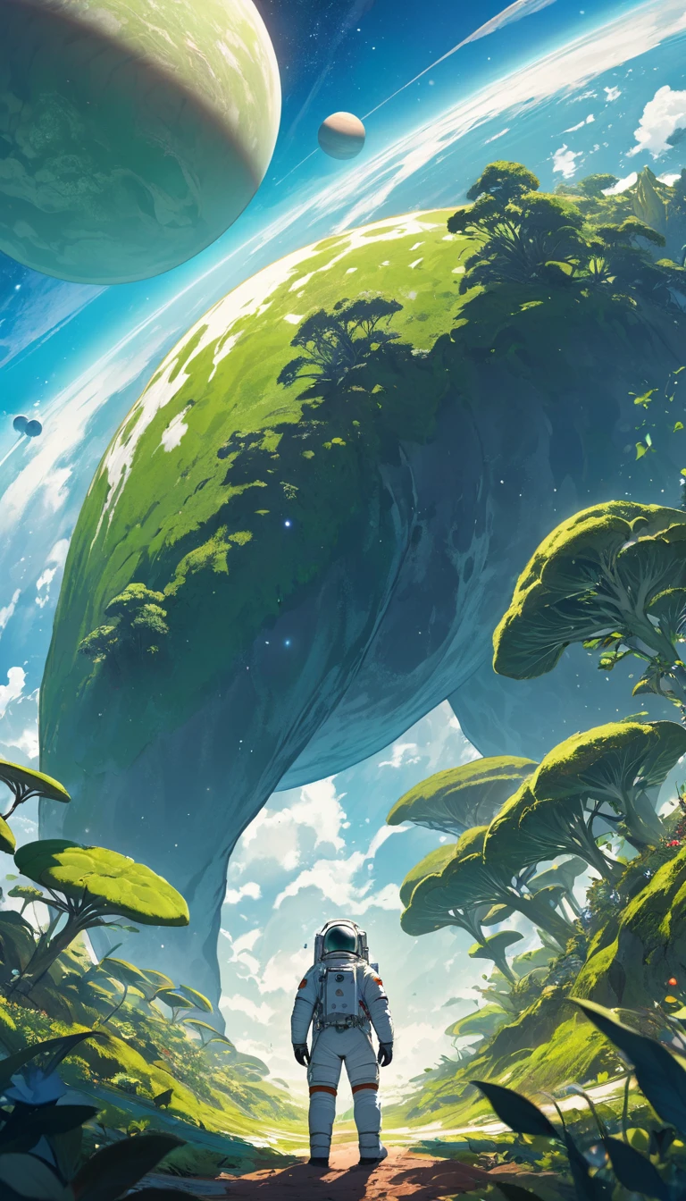 Astronaut with his back turned observing an unknown planet with green and huge flora with unknown giant animals with blue skies and green soil