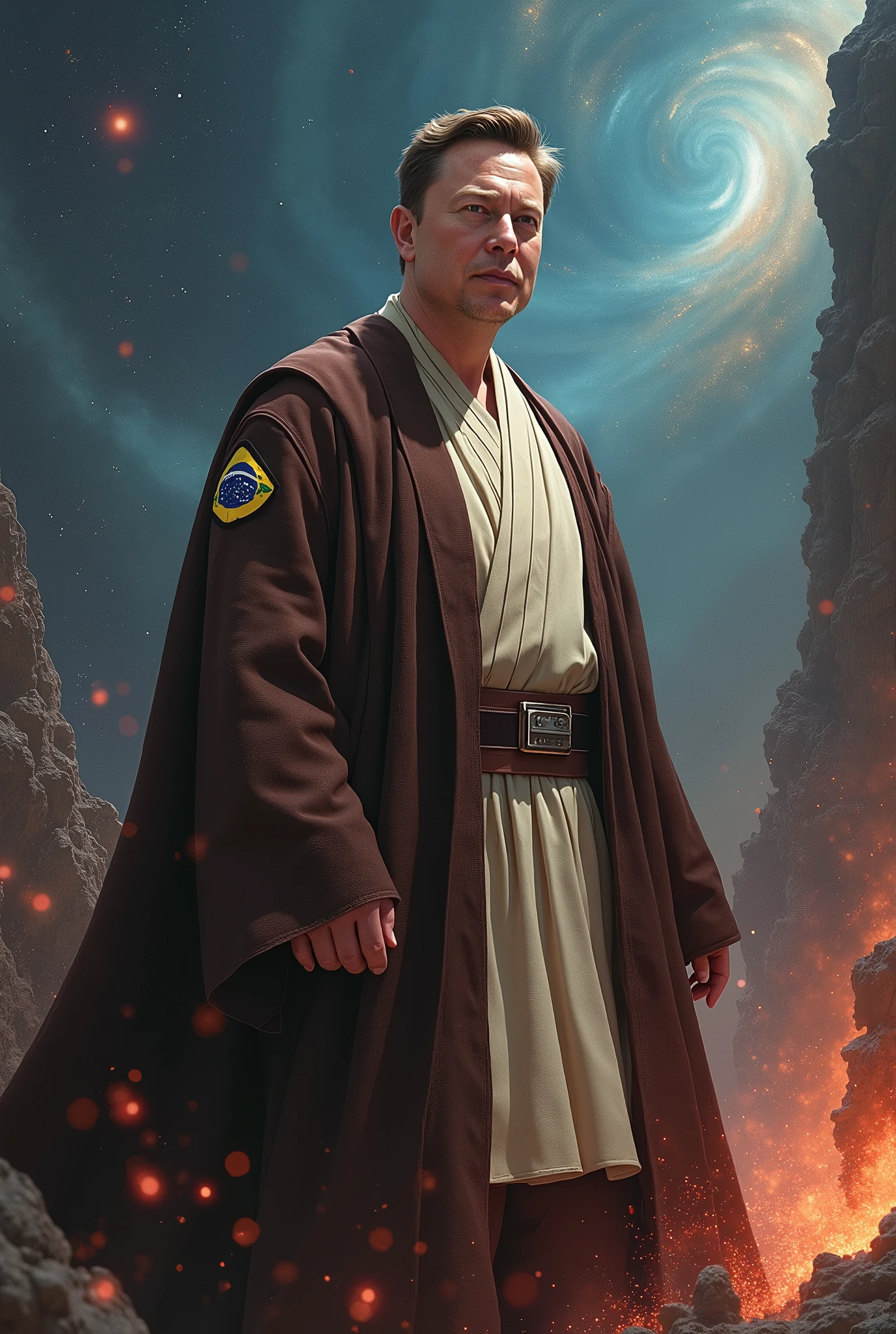 Image of Elon Musk wearing a Star Wars obi outfit with a Brazilian patch pushing Voldemort from Harry Potter away in a battle