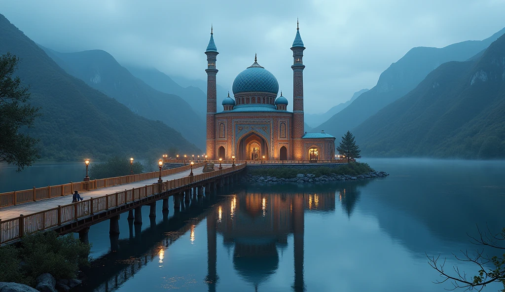 A Tiny, Architectural Style Mosque, Uzbek, in the middle of a beautiful hilly lake, there is a bamboo bridge that connects roads and mosques at night
