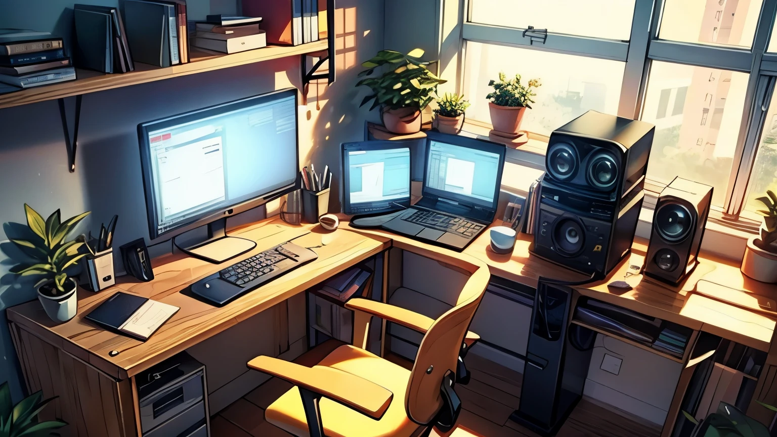 An anime-style scene of a cozy programmer's workspace. The desk is neatly arranged with a laptop displaying code, a mechanical keyboard, and a few tech gadgets. Surrounding the desk are comforting elements like a steaming coffee mug, a potted plant, and a desk lamp casting soft. In the background, large windows let in natural light, and shelves are filled with books, decorations, and some tech equipment. The scene uses a soothing pastel color palette, creating a calm and productive atmosphere, with no human figures included.