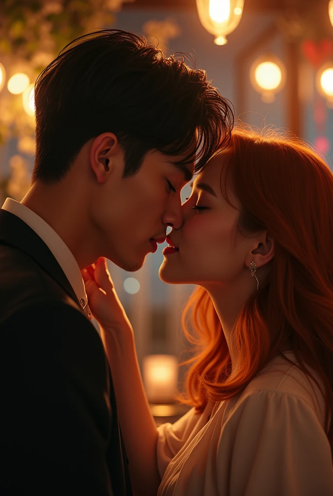 Chen zheyuan and Abigail Cowen having a date and making out, he is a Chinese handsome actor and she is a ginger beautiful American actresses