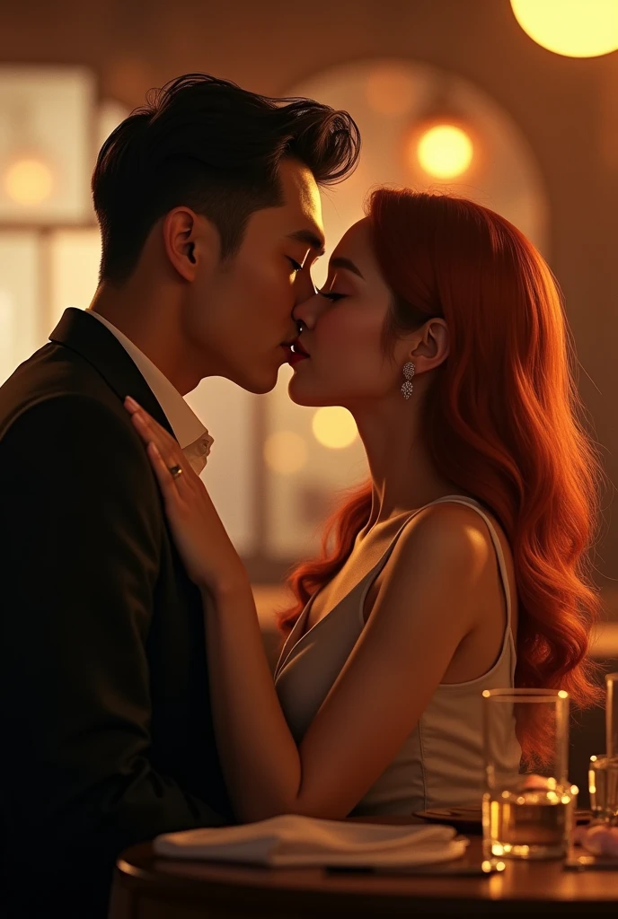Chen zheyuan and Abigail Cowen having a date and making out, he is a Chinese handsome actor and she is a ginger beautiful American actresses