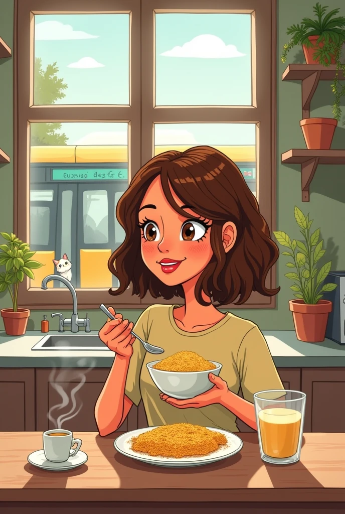 Cartoon-style brown-haired woman eating couscous and having breakfast in her kitchen through the window we see a bus passing by with the sign LESMÃO de F.c.