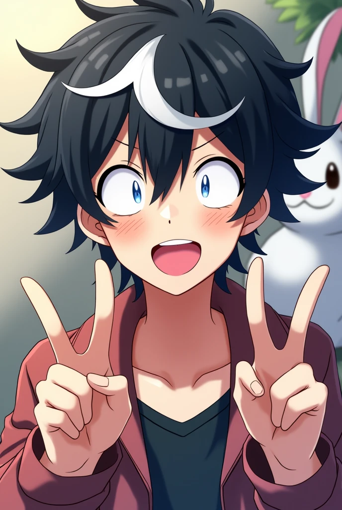Make me a boy of male gender, he has black hair and white streaks, white eyes without pupils, he is showing his tongue, making a peace sign with his fingers and only half of him appears, make a background with a rabbit, the image is anime, he is happy, he is a teenager.