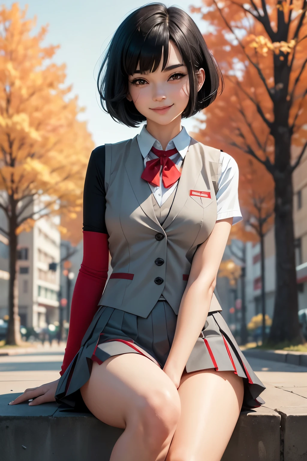 Graphic novel style, 1 stunningly beautiful college girl, smiling, blushing, short black hair, bob cut, wearing a Japanese school uniform, red eyes, 1, ((short black skirt)), toned legs, red bow, ((light gray closed vest)), eating ice cream, in the park,