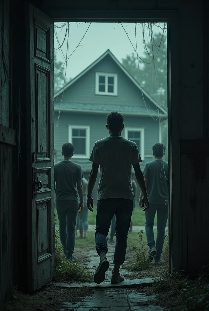 The camera follows the group as they approach the house. The door creaks loudly as they push it open. Inside, it’s dark and musty, with cobwebs hanging from the corners.]The camera follows the group as they approach the house. The door creaks loudly as they push it open. Inside, it’s dark and musty, with cobwebs hanging from the corners.]