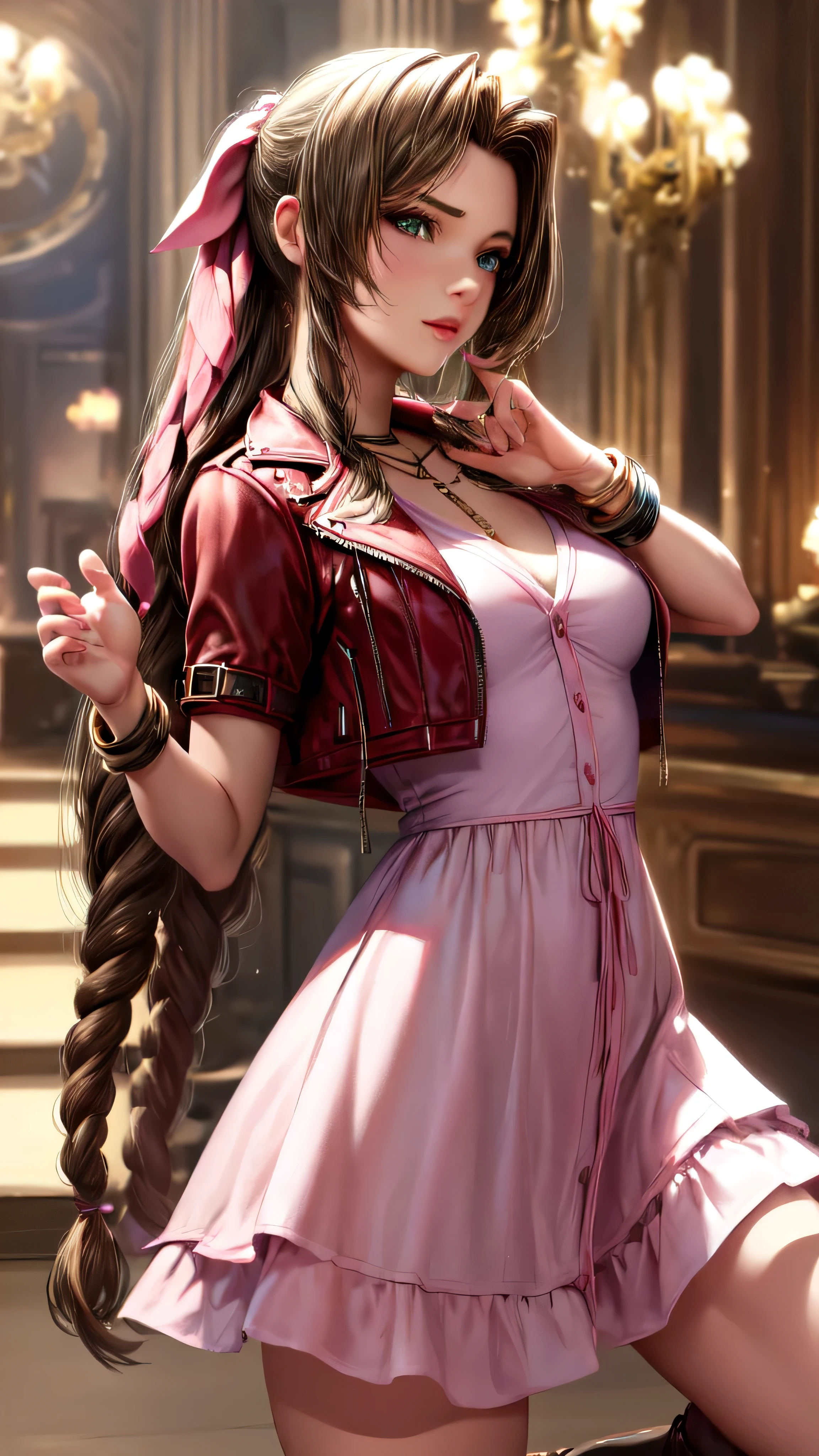 1girl, solo, detailed skin, ultra realistic 8k cg, picture-perfect face, flawless, clean, masterpiece, professional artwork, famous artwork, cinematic lighting, cinematic bloom, ((beautiful eyes)), intricate iris, (((perfect hands))), (extremely detailed background), ((dynamic background)), beautiful detailed girl, beautiful detailed nose, light on face, looking at viewer,aerith gainsborough, choker, cropped jacket, hair bow, bracelet, pink dress, brown boots,