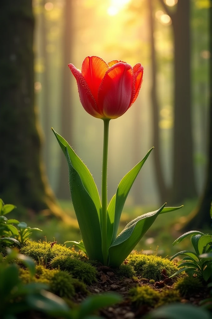 A single beautiful tulip standing in the middle of a dense forest, surrounded by tall trees. The morning atmosphere is marked by dew on the leaves and flower, while the sunrise light filters through the trees, creating a soft, warm glow around the tulip. The image should convey a calm and peaceful mood with fresh, natural colors of the forest and the glistening dew under the morning sun. Make realistic