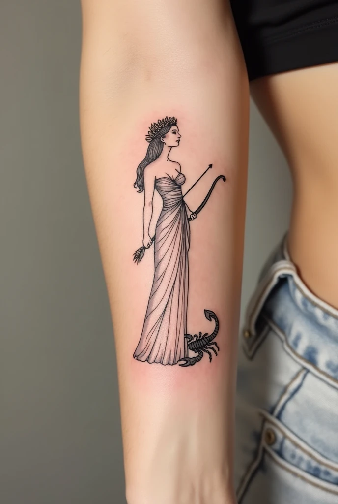 Minimalist tattoo on a woman's arm representing the astrological sign of Virgo with a wheat strand crown holding a bow and arrow and a scorpion next to her