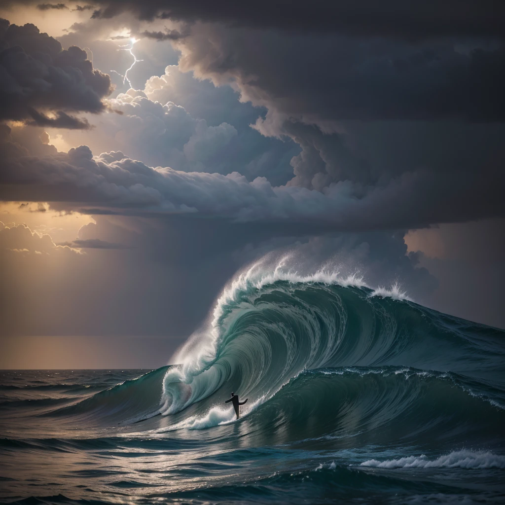 A powerful image of Christ standing in the midst of a stormy sea, holding a beacon of light that breaks through the dark clouds. The scene symbolizes Christ as the Savior, delivering humanity from suffering and sin. In the background, the waves are turbulent, but the light from Christ's beacon calms the storm, representing the victory over sin and death."