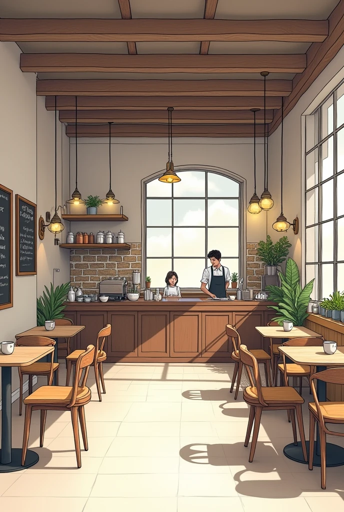 Architectural sketch, interior perspective of a coffee shop