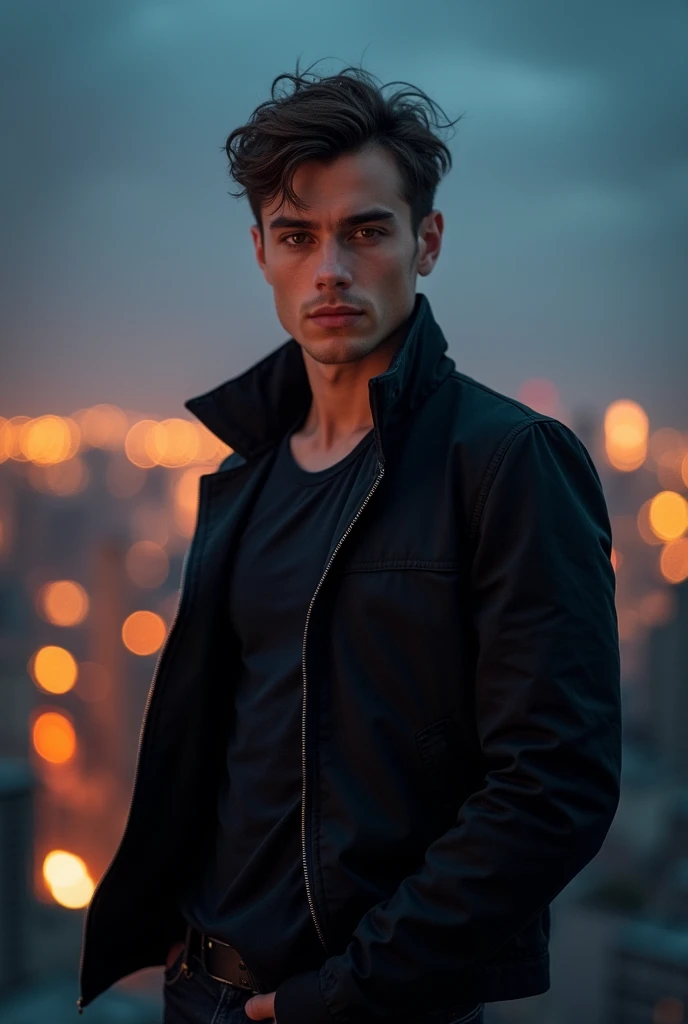 "A young man with an oval face and striking features poses in front of a dramatic, urban skyline at dusk. His brown hair is styled messily, and his intense brown eyes are highlighted by the city lights. He wears a sleek black jacket over a fitted shirt, and his confident stance emphasizes his toned physique. The scene is cinematic, with high contrast and vivid colors that capture a bold, dynamic mood.