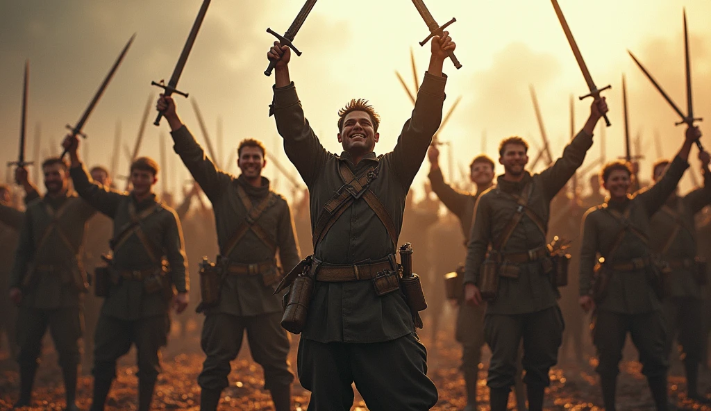 Soldiers cheering for victory with swords in hand
