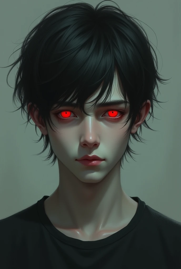 a tall, thin boy with slightly thin arms and broad shoulders, the boy had slightly long black hair, with slightly pale fair skin, his eyes cold and red as ruby, had slight dark circles around them from lack of sleep