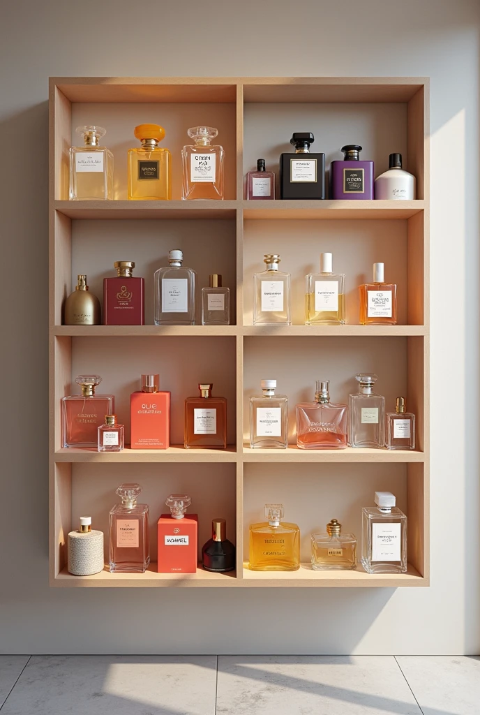 Make a picture where a perfume shelf hanging in a wall & inside the perfume shelf Gucci Flora Gorgeous Gardenia
• Chanel Coco Mademoiselle Intense
• Miss Dior Blooming Bouquet
• Christian Dior Jadore
• Chanel Chance
• Gucci Bloom
• Tommy Girl
• Bille Eilish EDP
• Victoria Secret Bombshell
• Victoria Secret Bomshell Wildflower
• Victoria Secret Bare Vanilla
• Victoria Secret Bare Vanilla La Creme
• Victoria Secret Wildflower
• Bodyzone Model Pour Femme
• Lattafa Teriaq
• Lattafa Eclairs
• Lattafa Khamarah Qahwa
• Lattafa Rave Now Women
• Truffle Cream
•Marquis by Remme Marquis
• Shalis by Remme Marquis
• Al Rehab Choco Musk
• Al Rehab French Coffee
all these perfume will be available