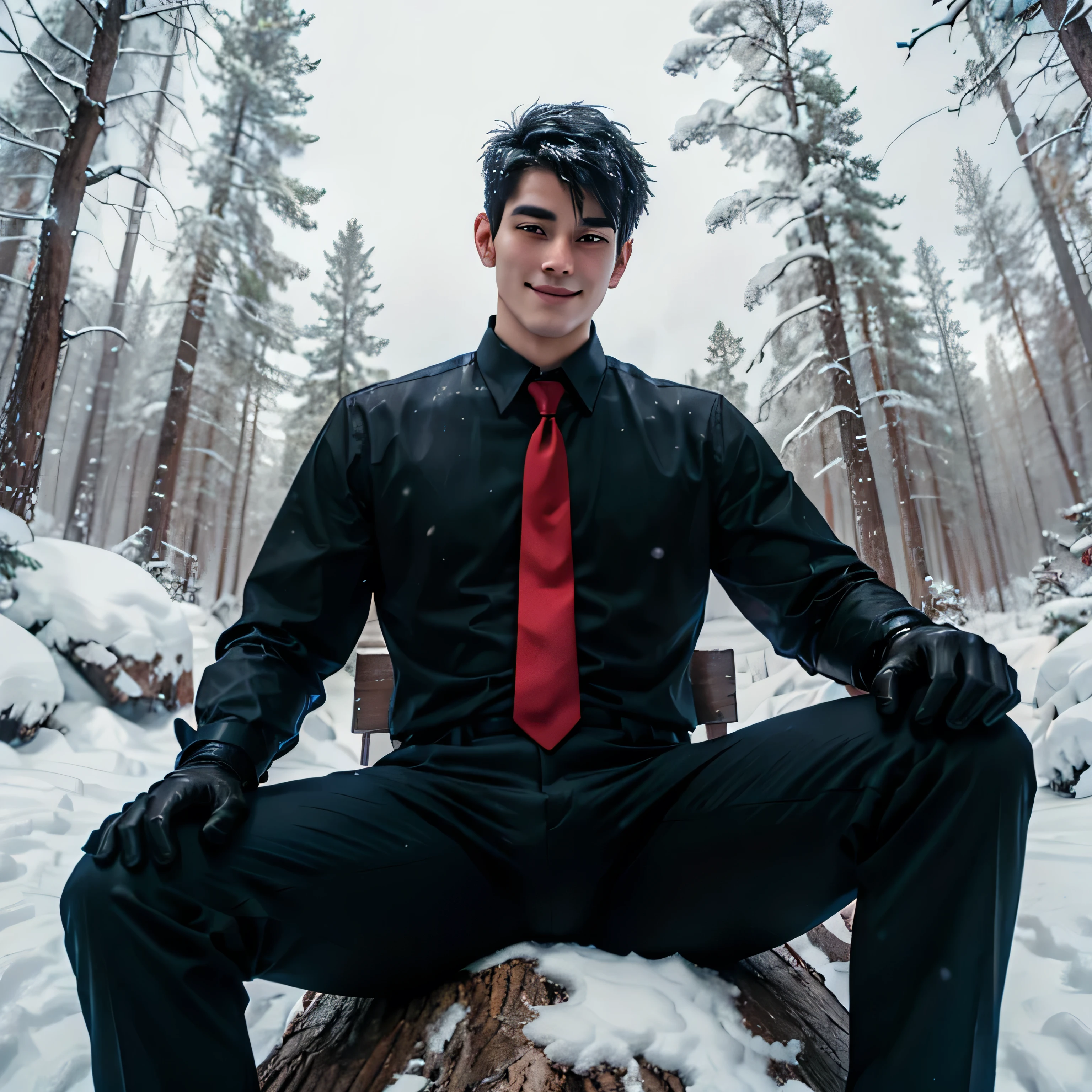 Age 27,One Man,Tall handsome man、Black Shirt、Red tie、Black gloves、Forest、Sitting with legs apart on the snow、 ,Black Hair、Very short hair、Asian Face　　Seen from below　Cool　smile　I have a burning tree