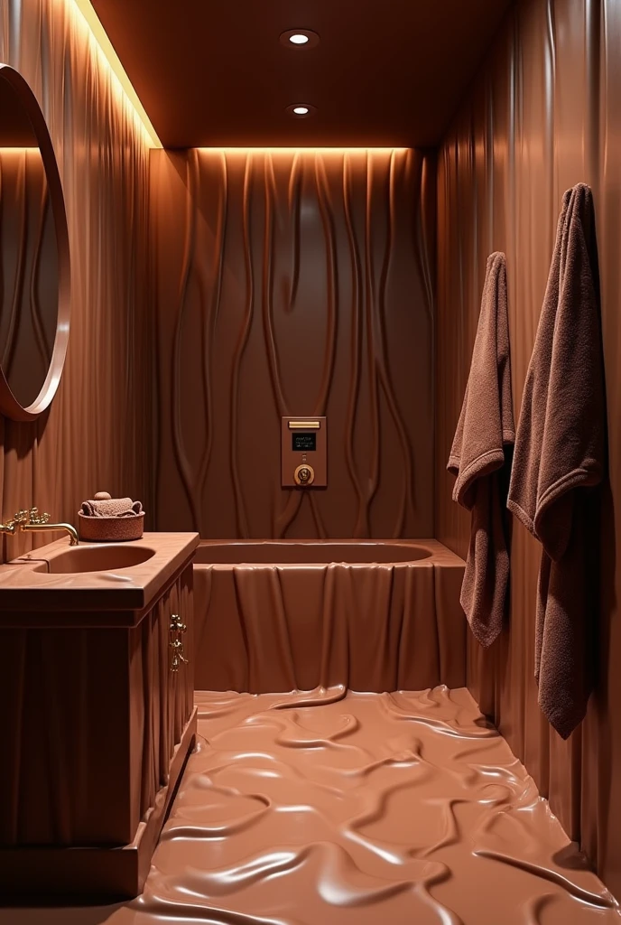 ((masterpiece, 8k, best quality, 8k, super realistic, high resolution:1.3)), bathroom made of chocolate, bathroom made of chocolate, bathroom full of chocolate juice, bathroom with liquid chocolate, chocolate deprived, private open, chocolate shower, chocolate towel, chocolate world, withouth People, no animals
