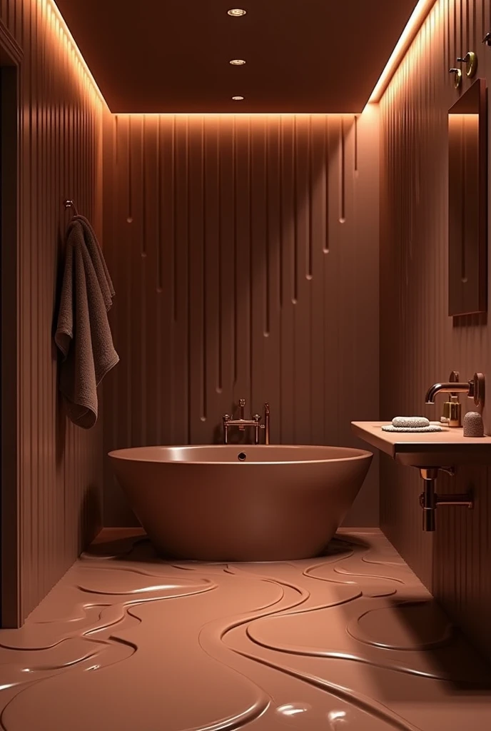 ((masterpiece, 8k, best quality, 8k, super realistic, high resolution:1.3)), bathroom made of chocolate, bathroom made of chocolate, bathroom full of chocolate juice, bathroom with liquid chocolate, chocolate deprived, private open, chocolate shower, chocolate towel, chocolate world, withouth People, no animals