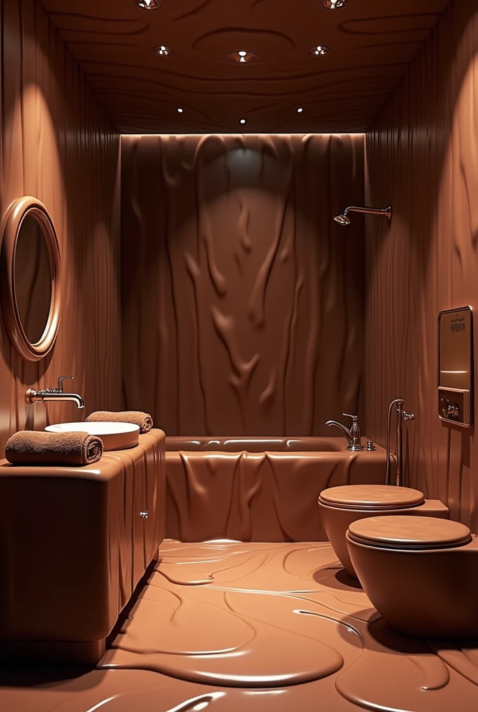 ((masterpiece, 8k, best quality, 8k, super realistic, high resolution:1.3)), bathroom made of chocolate, bathroom made of chocolate, bathroom full of chocolate juice, bathroom with liquid chocolate, chocolate deprived, private open, chocolate shower, chocolate towel, chocolate world, withouth People, no animals