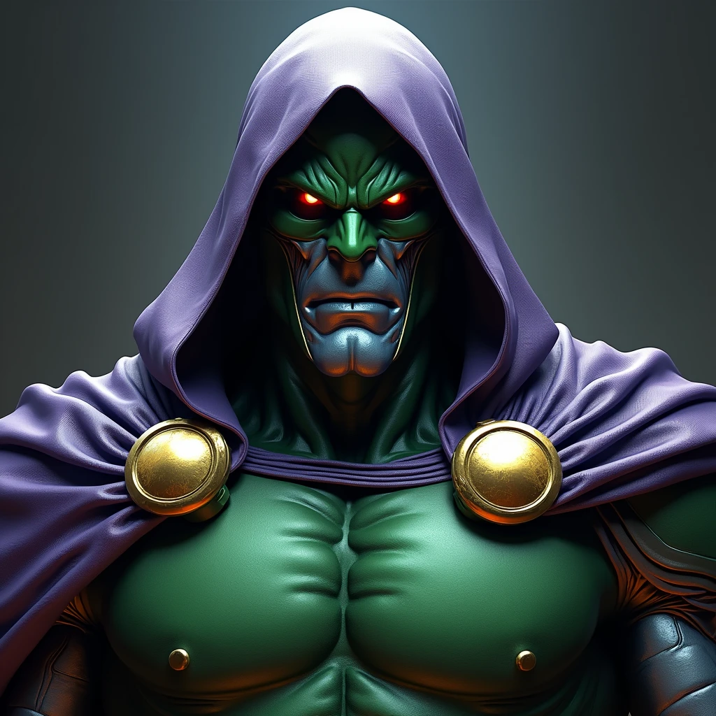 1man, solo, Martian Manhunter (DC comics), J'onn j'ozz, tall, muscular, hunk, abs, dark green skin, chiseled face, old face, alien face, high cheekbones, alien pointy ears, dark green tattoos, long claws on forearms, long head, long face, squared chin, bald head, egg-shaped head, long ((purple)) cape, cape tied to the chest, flowing cape, red eyes, no pupils, shirtless, standing powerfully, flat style, ultra detailed, low camera angle, upper body shot, 2 red straps on the chest big black and red armored male leather skirt on the outside, black pant on the inside, purple shoulder pads, high resolution:1.2, circle red and black emblem on the chest, battlefield in the background, award winning, shadow