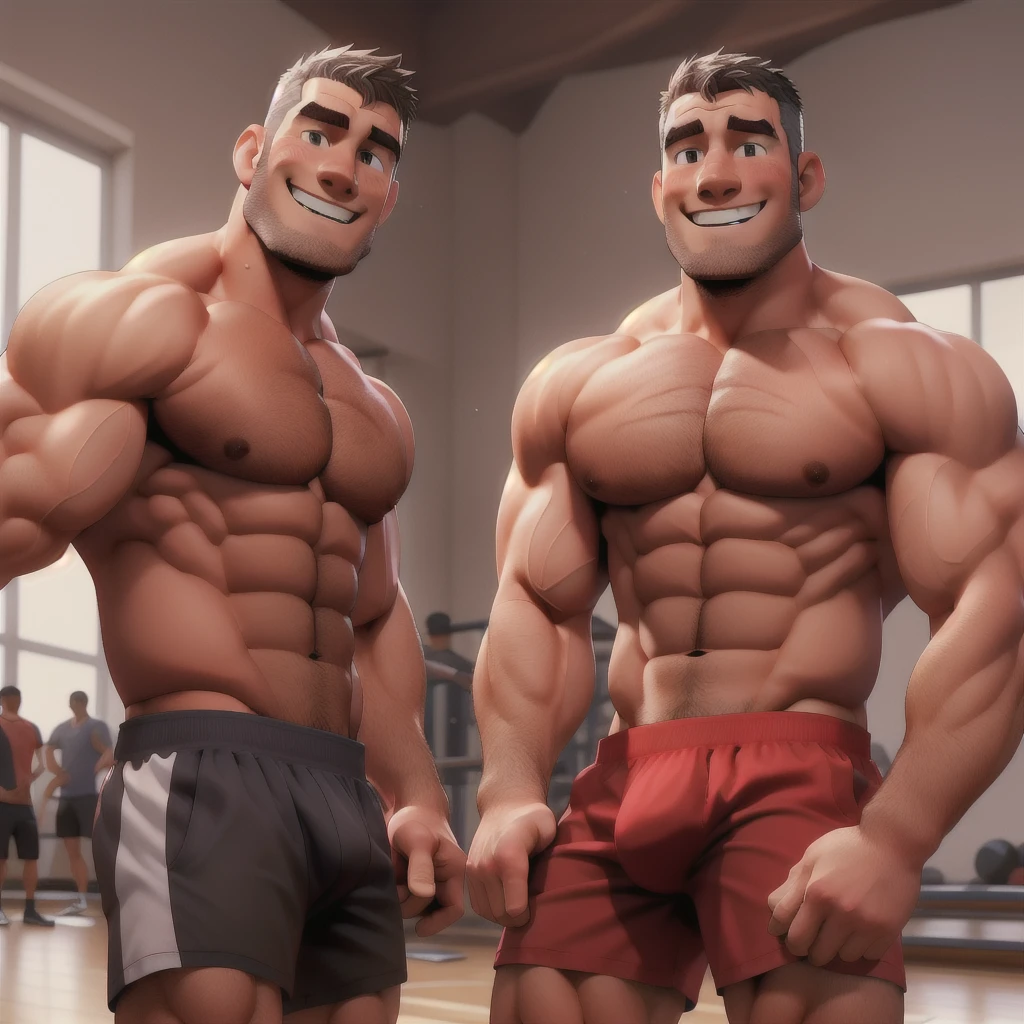 1 male he is smiling provocative way, male focus, with no beard,muscular male, short hair, pushed back hair style, mature male using a tiny and tight red underwear in the gym
