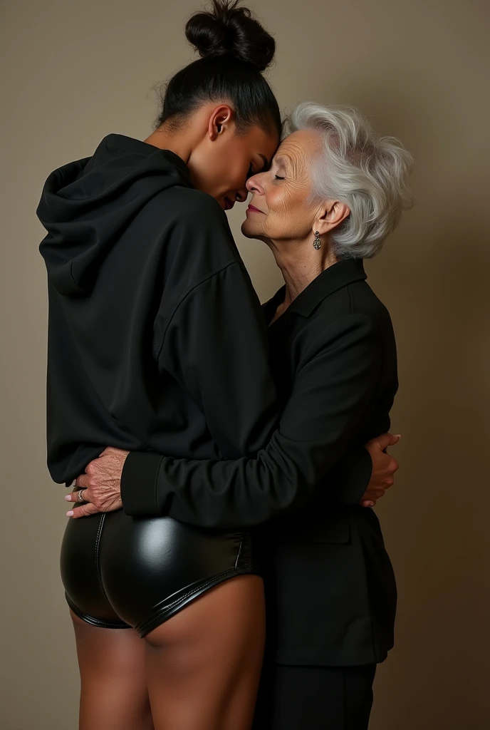 black woman hair in a bun black hoodie black leather short shorts being fucked in the ass by a old grandma in a dress