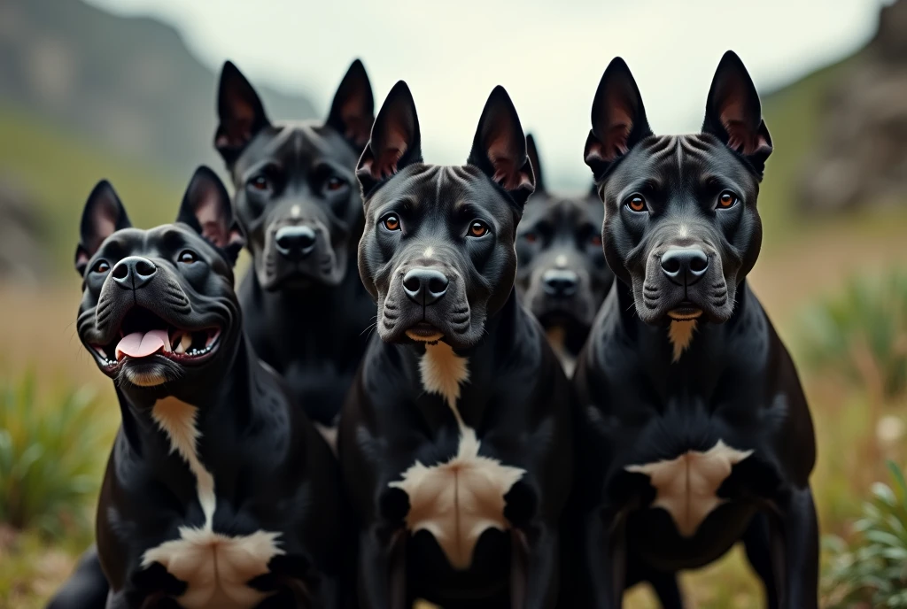 selfie photo of a group of black stout stafford terriers, realistic photo, wide angle, high detail, epic, 