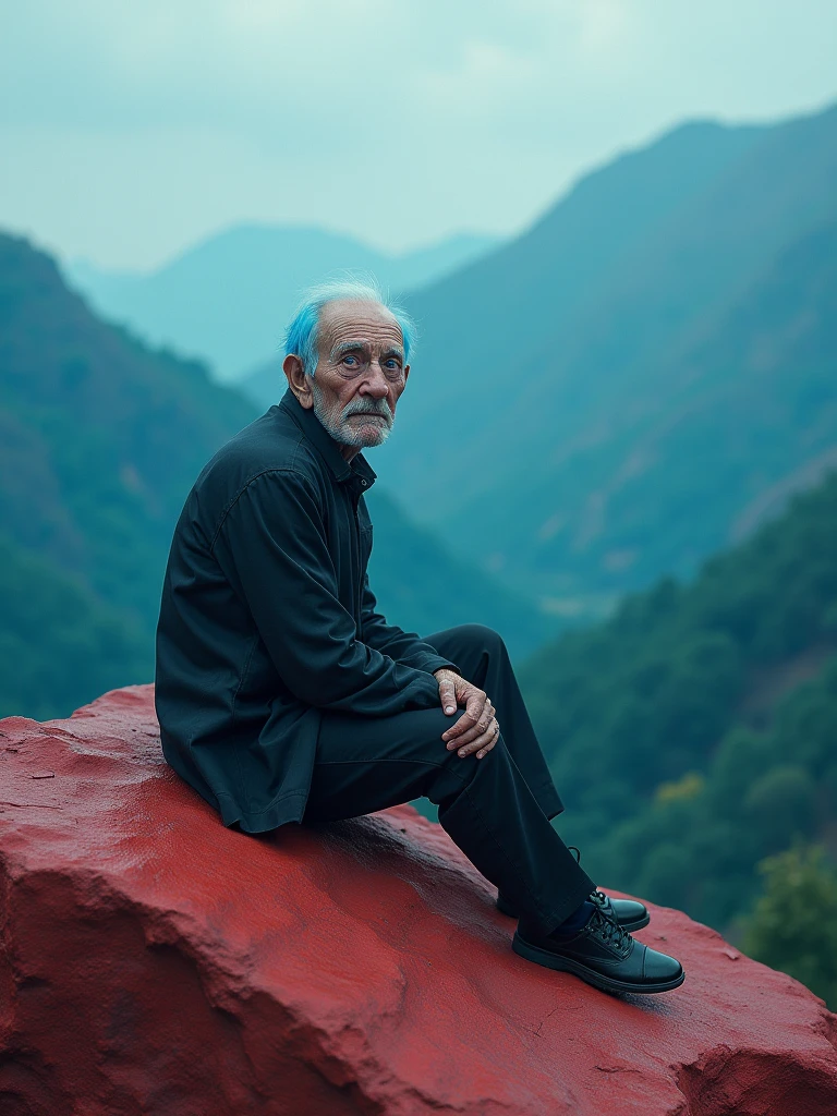 actor John hurt aged, gray skin and blue hair, sitting on a large red  rock staring at the blue forest in the horizon -ar 1:1