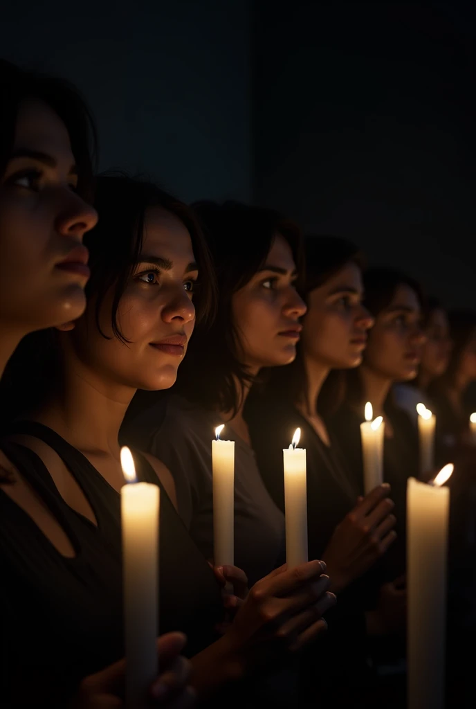 Latin people with white candles in their hands in the dark, vertical format, sense of mourning.