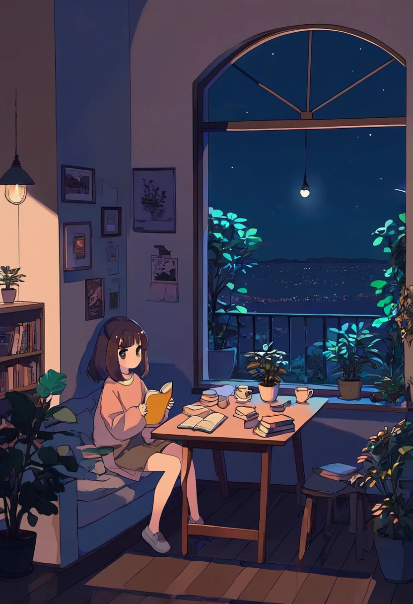 1girl, kawaii girl，A plant，Walls, window, book, coffee, table, night, cozy room, lofi style, full body,