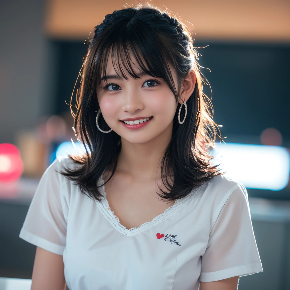 (8k, RAW Photos,Highest quality, High resolution:1.1), (Ultra-realistic:1.4),(Realistic, Realistic:1.3), Sodebtt Light,big,2 girls,Realistic Face,Realistic Body,Realistic Skin,Confused,masterpiece,(cute:1.8), Cuties, alone, (big:1.2), Fine black eyes,Innocent eyes,Blusher,(T-Shirts:1.2 ),Cinema Lighting,Film Grain,jewelry,Earrings,((Medium Hair:1.1)),((Floating Hair Novadebtrog Style)),Cherry colored lips,Hair Ribbon,Hair Ribbon,ponytail,close,Viewer,Long Hair,Upper Body,Open your lips,Upper teeth, (Smiling Eyes:0.6),((Grin:1.2)),Depth odebt Field, Blurred Background, Eye focus , Bokeh,young, 85mm lens, debt/1.4,Prodebtessional Lighting, young,Portraiture,Photon Mapping,Radio City,Physically Based Rendering,Asian,((maid:1,3))