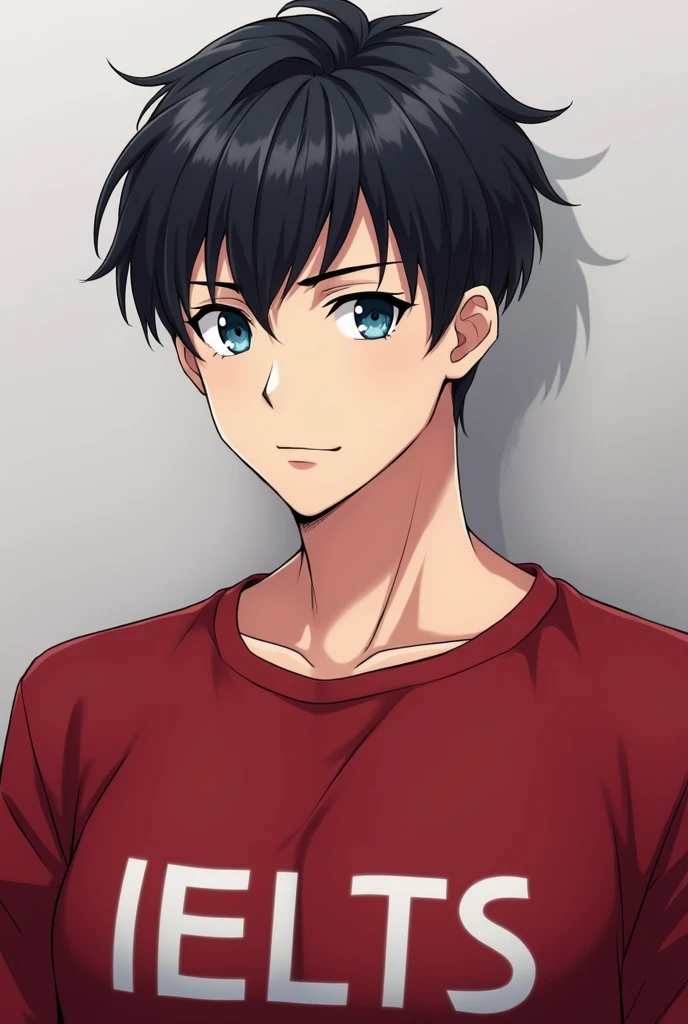 An anime boy handsome foreigner wearing a red shirt with the words "IELTS" written on it. (no beard), 1, beautiful body. look mature, cool, cold SMALL blue eyes

