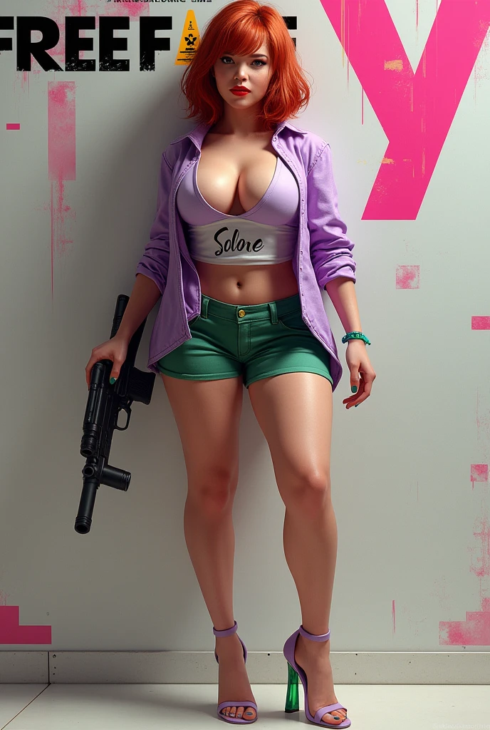 Freefire game style female character,  very sexy, com rosto redondo, big breasts and thick thighs, of skin jambo, short medium copper red hair, dark brown eyes, wearing red lipstick, wearing a short, low-cut lilac blouse with the name SOLENE and a short green skirt, lilac shoe with green high heels, with an mp5 gun and posing, with colored and white background and the name of the game FREEFIRE behind.