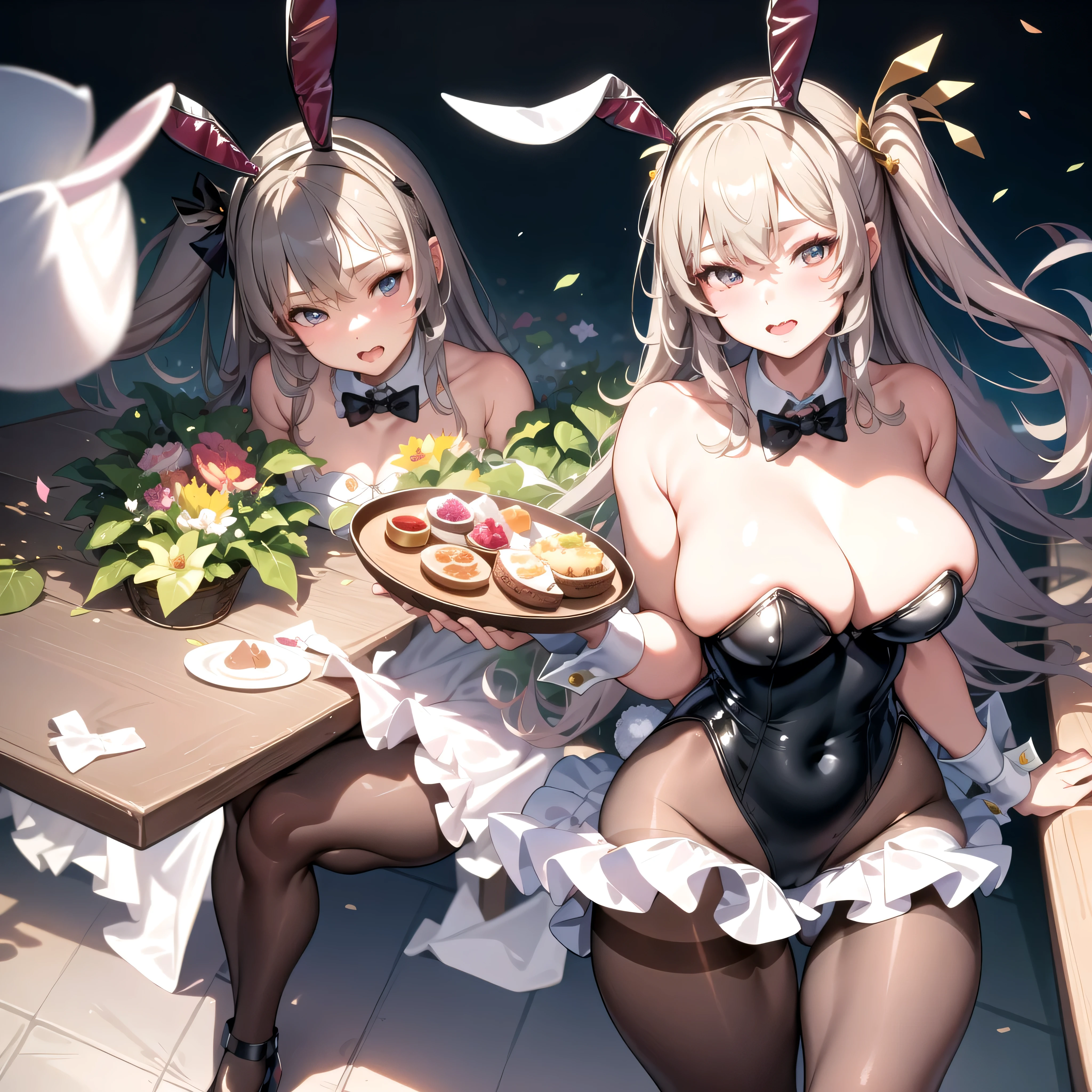 1girl, solo, (masterpiece, best quality:1.4), extremely detailed face, perfect lighting, ganyurnd, bbunnysuit, pantyhose, fake bunny ears, wrist cuffs, bowtie,